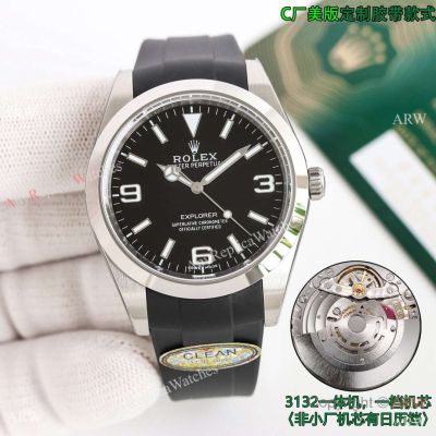 1-1 Swiss Replica Rolex Explorer 39mm Black Rubber Watch - Clean Factory Cal.3132 Movement
